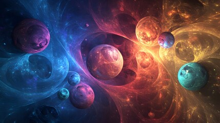 Floating Spheres in Glowing Gradient Hues Surrounding Frosted Glass Panel,Contemporary Abstract