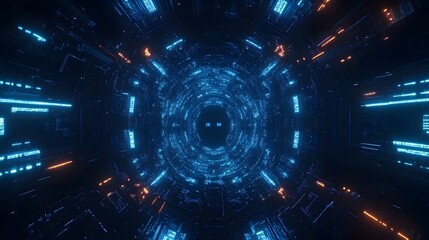 Futuristic Neon Tunnel with Glowing Pixel Lines and Dark Cyber Atmosphere