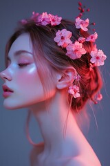 Naklejka premium A serene portrait of a woman with a floral crown, showcasing beauty, grace, and soft lighting in a dreamy atmosphere.