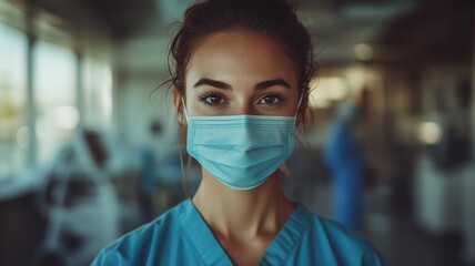 Focused Portrait of a Female Surgeon in a Surgical Mask.