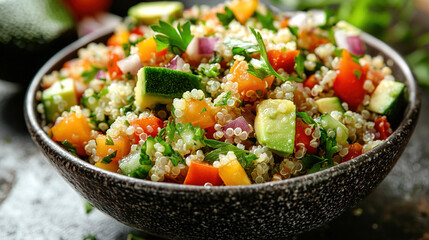 A vibrant bowl of fresh quinoa salad with colorful vegetables, including avocado, bell peppers, and parsley, on a dark, textured background.