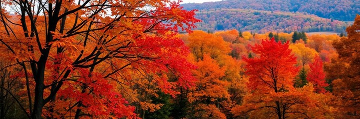 A vibrant display of colorful autumn leaves covering the forest floor, landscape, leaves