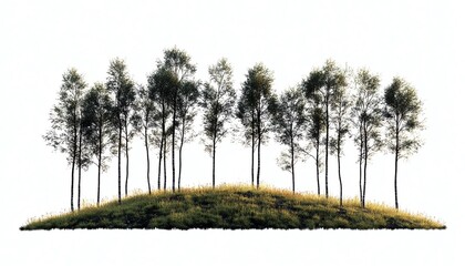 Fototapeta premium Serene landscape of tall, thin trees on a small grassy mound against a white background, creating a minimalist and peaceful natural scene.