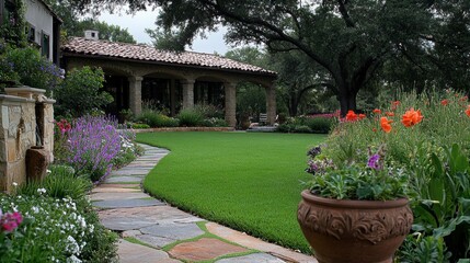 Naklejka premium Tranquil Garden Pathway with Colorful Flowers