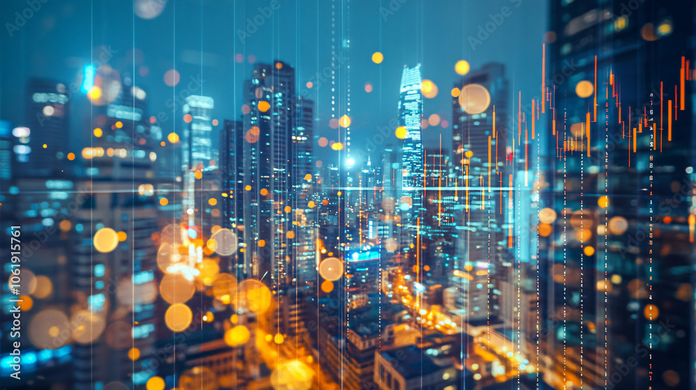 Poster futuristic and dynamic cityscape at night with glowing lights and blurred skyscrapers, creating a vi