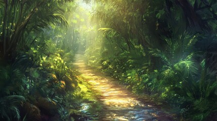 Obraz premium Serene Pathway Through Lush Green Jungle