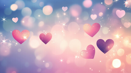 Vibrant hearts floating amidst a dreamy backdrop of soft bokeh lights at sunset