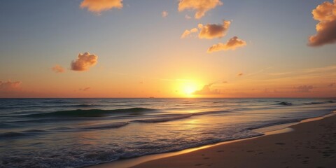 Beautiful sandy beach with clear blue water and gentle waves crashing on the shore, sand, horizon