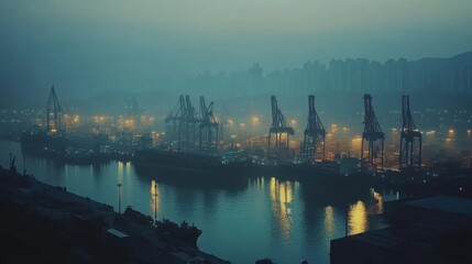 Obraz premium Serene Port at Dusk with Mist and City Lights