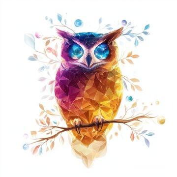 A colorful, geometric illustration of an owl perched on a branch, surrounded by stylized leaves and blossoms, showcasing vibrant hues and a whimsical design.