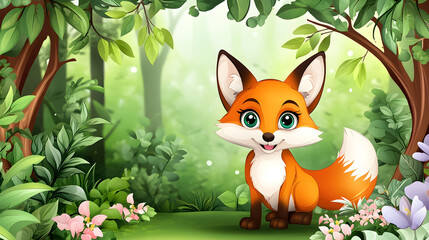 Fototapeta premium Cute fox in vibrant forest, surrounded by lush greenery and flowers