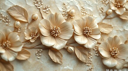 Elegant 3D floral design featuring intricate beige flowers and leaves on a textured background, demonstrating detailed craftsmanship and ornamental artistry