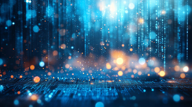 Futuristic blue glowing background with binary code rain and bokeh - abstract technology concept