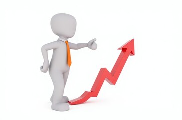 3d man red arrow success chart on white background.