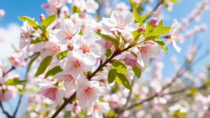 Close-up of vibrant pink cherry blossoms in full bloom against a clear blue sky, bloom, sunny day