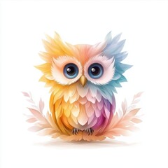 Naklejka premium A colorful, artistic illustration of an owl with vibrant feathers, sitting amidst softly shaded foliage.