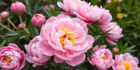 Fototapeta premium Close-up shot of vibrant pink peonies blooming in a garden, close-up, peonies