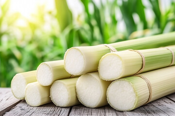 Fresh Sugar Cane Stalks on Rustic Wooden Table