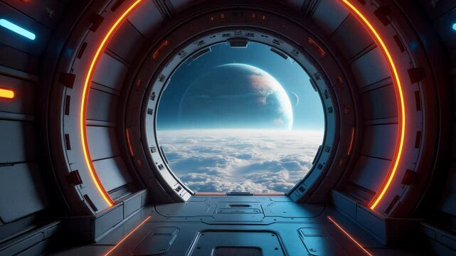 View from inside a futuristic spacecraft showing a planet Earth with a visible atmosphere and clouds, as well as another celestial body. The sleek, metallic interior with illuminated orange and blue l