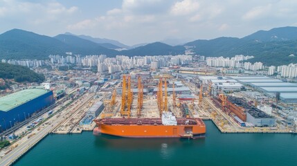 Naklejka premium Aerial View of Industrial Port with Cranes and Ships