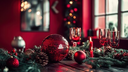 Traditional holiday colors in New Year's setting with burgundy disco ball, candles, and greenery for a cozy celebration. Christmas, New Year's Eve