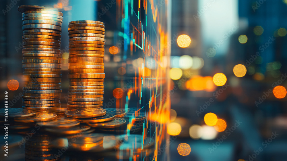 Aufkleber stacks of gold coins increasing in value with stock market charts in the background showing positive