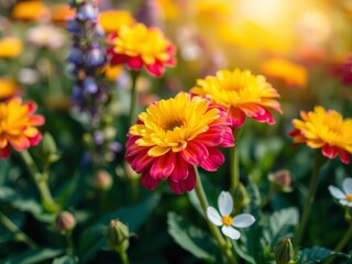 Beautiful close-up of vibrant flowers in full bloom on a sunny day, environment, natural