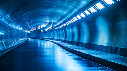 futuristic blue lit tunnel with smooth reflective surfaces and copy space