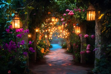Fototapeta premium magical pathway, glowing evening garden path with lanterns and floral archway