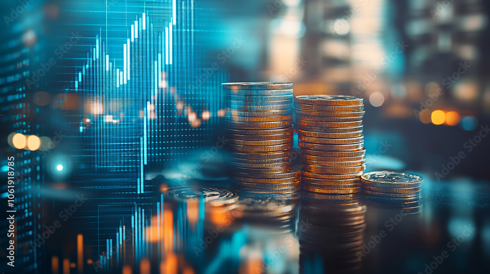 Poster stacks of gold coins are getting higher with digital stock market charts in the background showing g