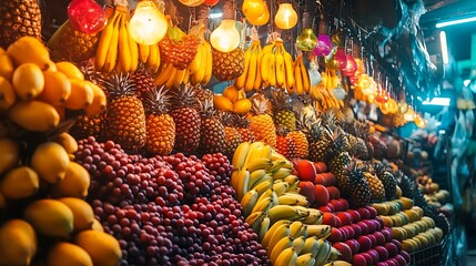 Fototapeta premium A tropical fruit market stall with a vibrant array of fruits including bananas, papayas, and pineapples 