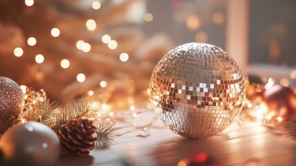 Stylish New Year's scene with 3D disco ball, realistic textures, and professional design for upscale holiday visuals. Christmas, New Year's Eve