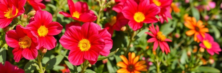 Close up of colorful blooming flowers in a lush garden, vibrant, growth