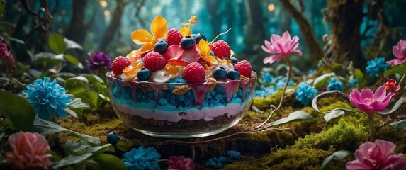 Fototapeta premium Enchanting forest yogurt bowl with fresh berries and edible flowers