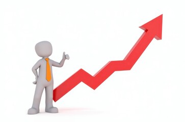 3d man red arrow success chart on white background.