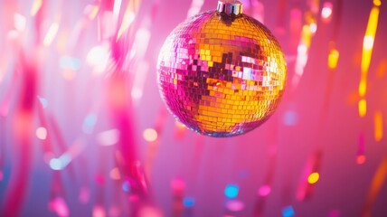 Obraz premium Trendy New Year's celebration with colorful disco ball, neon decor, and funky ornaments for an energetic holiday vibe. Christmas, New Year's Eve