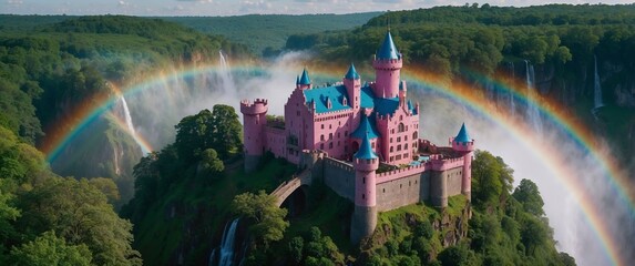 Enchanting pink castle with blue roofs surrounded by rainbows and scenic waterfalls in a lush green forest