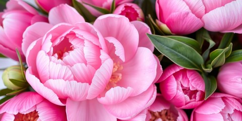 Close-up shot of bright pink and white peonies in full bloom, showcasing delicate petals and vibrant colors, white, colors