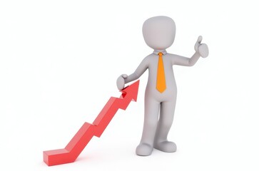 3d man red arrow success chart on white background.