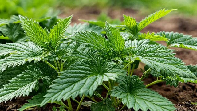 A patch of nettle plants growing in the garden