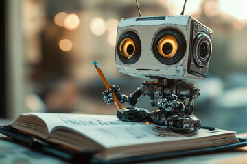 Cute Humanoid Robot Writing in Journal
