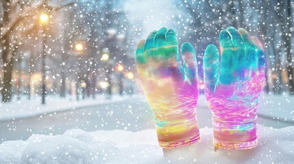 Shimmering holographic mittens glowing in neon hues, worn in a futuristic winter park, snow gently covering the high-tech surroundings