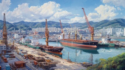 Vibrant Port Scene with Cargo Ships and Cranes