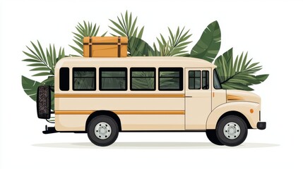 A vintage bus adorned with tropical leaves and a suitcase, symbolizing travel and adventure.