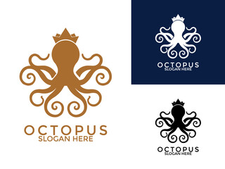 Octopus with crown logo design vector icon, Octopus Squid logo design template