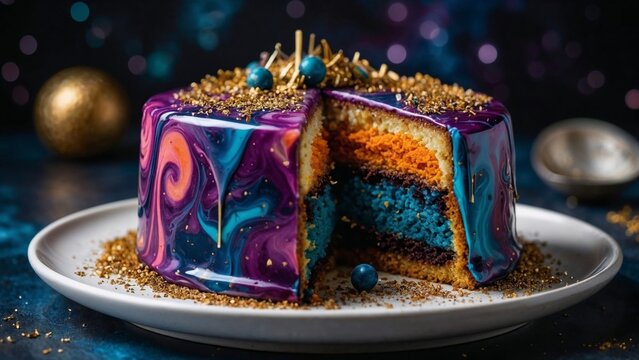 Galactic cake with marble icing and cosmic colors on festive plate