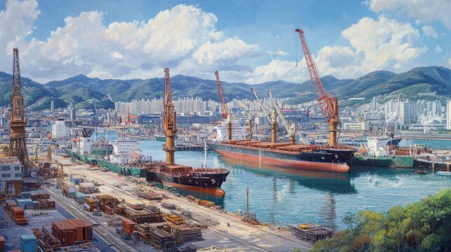 Vibrant Port Scene with Cargo Ships and Cranes - Powered by Adobe