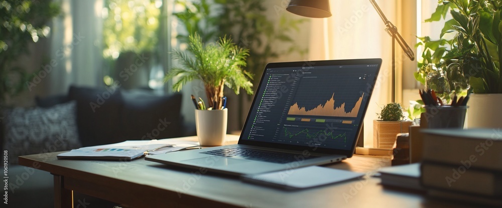 Poster laptop open on desk with graph showing stock market growth.