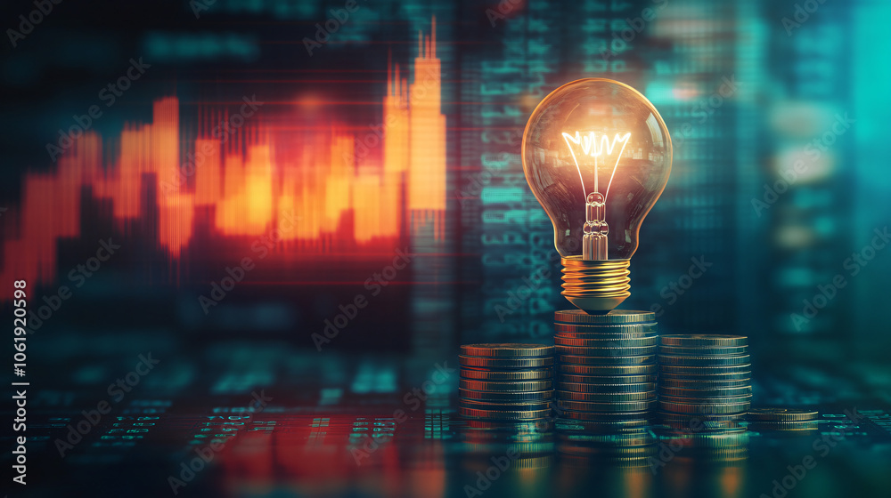 Leinwandbilder glowing lightbulb is standing on increasing stacks of coins showing stock market data on a screen in