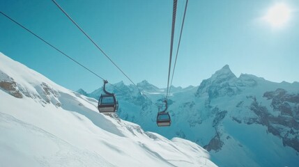 Scenic Mountain Cable Cars Against Snowy Peaks